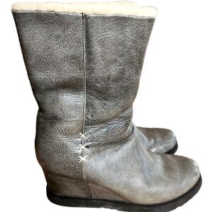 Ugg Koolaburra La Cienega Leather Wedge Boots Gray Women Shearling Mid Calf Sz 9